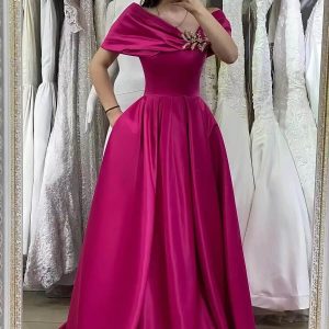 Stunning Fuchsia Off-Shoulder A-Line Prom Dress with Delicate Beading Embellishments