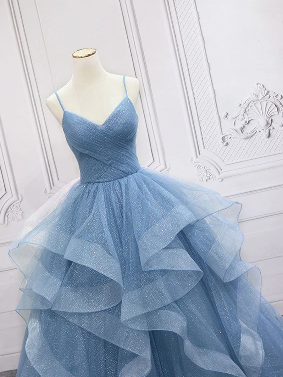 Blue Tulle Long Prom Dresses Beautiful Sweet 16 Floor Length Gowns - Afbeelding 4