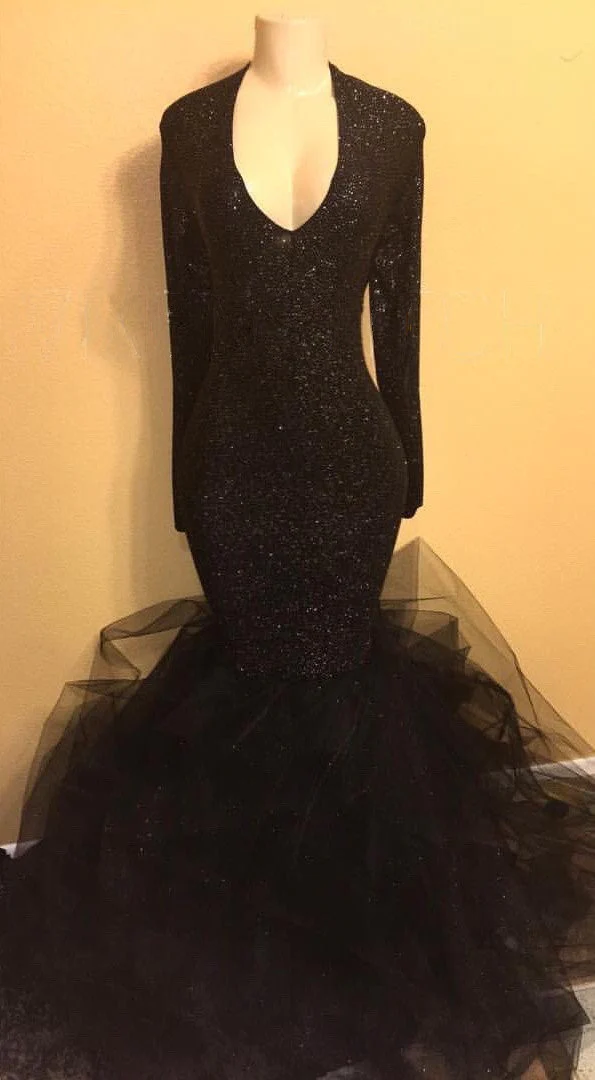 Elegant Black Mermaid Prom Dress with Sleeves - Sequin Tulle Formal Gown for Plus Size - Afbeelding 2