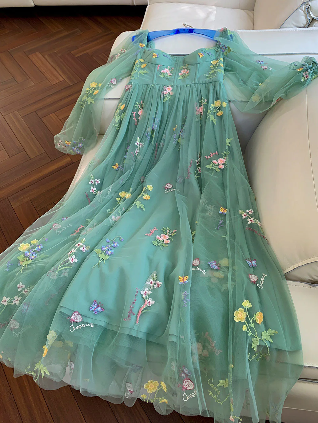 Boho groene kanten korset theelengte galajurk met lange mouwen - Afbeelding 5