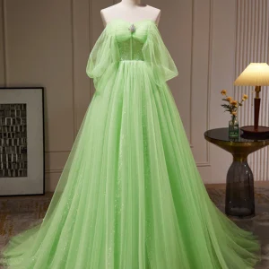 Lime Green Romantic See Through Tulle Ball Gown Prom Dress Formal Dress
