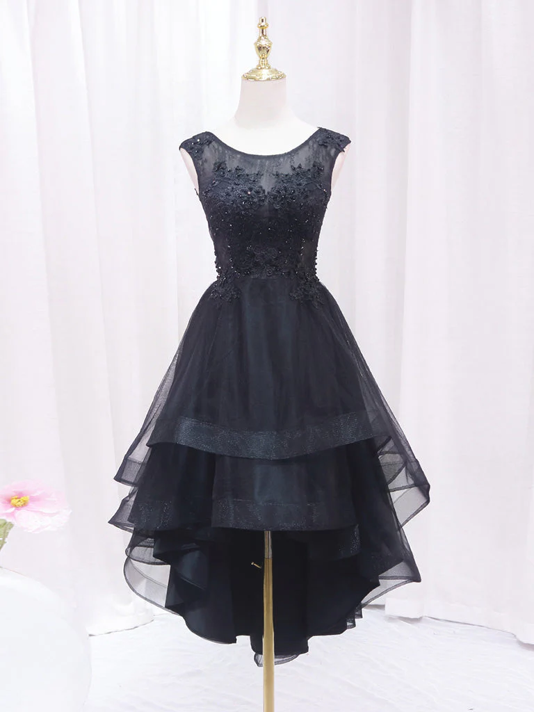 A-Line Lace Tulle Black Short Prom Dress | High Low Black Homecoming Dress