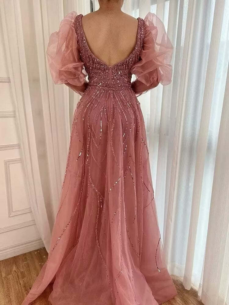 Pink Mermaid High Split Beaded Evening Dress Beaded Bubble Sleeve Gown - Afbeelding 5