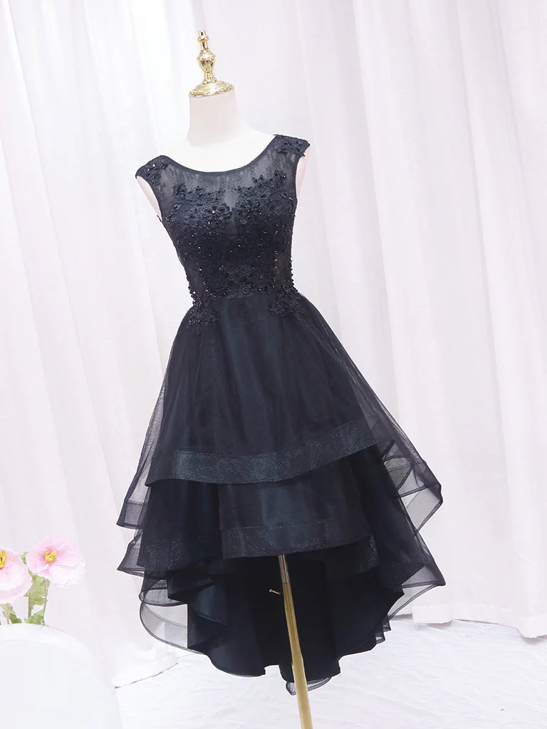 A-Line Lace Tulle Black Short Prom Dress | High Low Black Homecoming Dress - Afbeelding 5