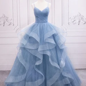 Blue Tulle Long Prom Dresses Beautiful Sweet 16 Floor Length Gowns