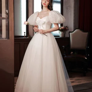 White Tulle Puffy Sleeves Long Prom Dress Sweet 16 Gowns