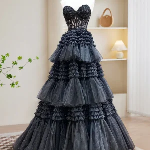 Black Strapless  Tulle Tiered Sheer Prom Dress