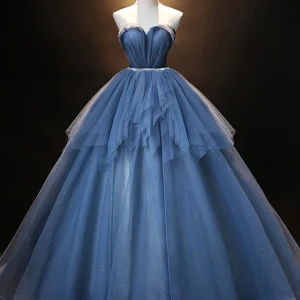 Elegant Blue Sweetheart Neck Tulle Long Prom Evening Dress Floor-Length Glamorous
