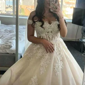 Long A-Line Princess Off-Shoulder Wedding Tulle Lace Dress