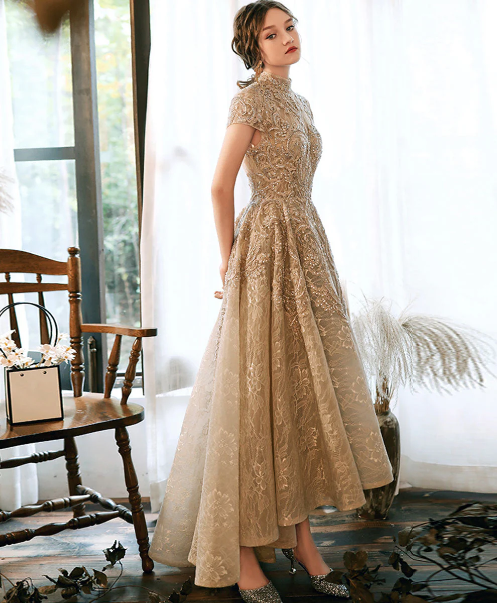 Champagne High Neck Lace Formal Prom Dress - Afbeelding 7