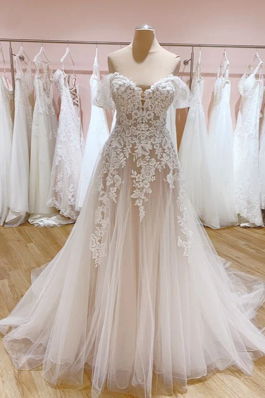 Elegant Off-Shoulder A-Line Wedding Gown with Sweetheart Backless Tulle and Train