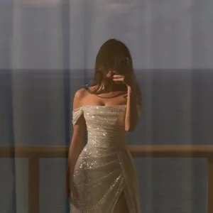 White Sequin Long Sleeves Off Shoulder Prom Evening Wedding Dresses