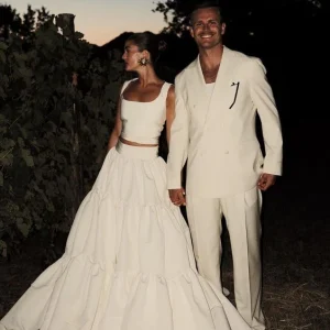 White Two Piece Long Fashion Wedding Dress For Elegant Brides