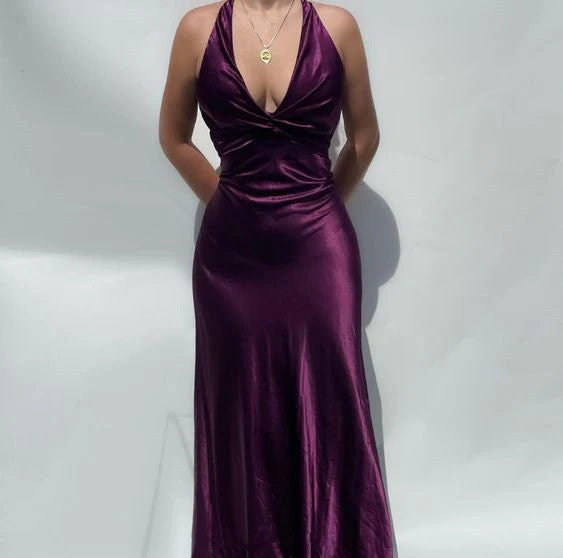 Satin Purple Prom Evening Gown Simple Party Dresses