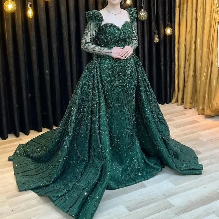 Elegant Glitter Green Mermaid Long Sleeve Prom Dress - Afbeelding 7