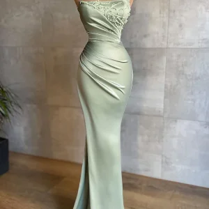 Elegant One Shoulder Slim Satin Mermaid Prom Dress for Women with Appliques and Ruffles