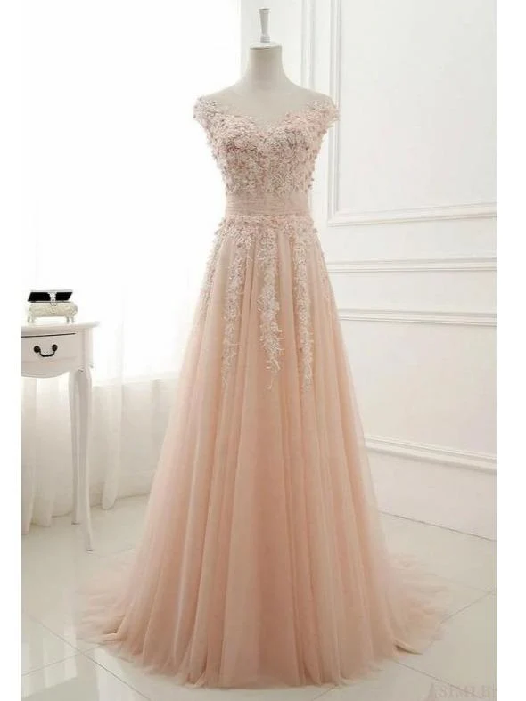 Romantische bloemen A-lijn Tule unieke lichtroze trouwjurk