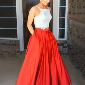 2-delige witte kanten crop-top galajurk lang met rode rok voor tieners