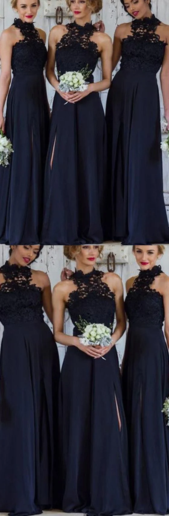 Bescheiden halter kanten top A-lijn donkerblauwe bruidsmeisjesjurken lang met zijsplit - Afbeelding 3