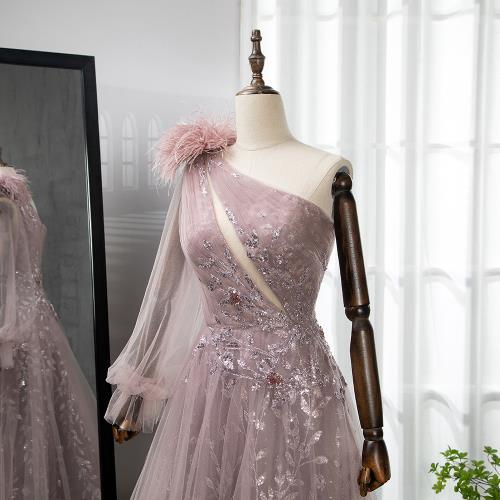 Elegant Extreme Pink One Shoulder Feather Evening Dress - Afbeelding 3