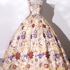 Zoete Spaghetti Band Bloemen Baljurk Quinceanera Jurk Sweet 16 Jurk