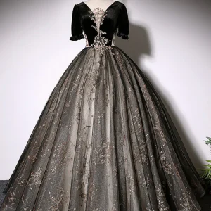 Black Half Sleeved Masquerade Ball Gown Quinceanera Dress Prom Dress