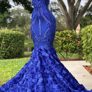 Royal Blue Halter V-Neck Open-Back Sleeveless Mermaid Prom Dress Evening Gown