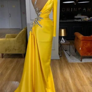 Radiant Long Sleeve Yellow Mermaid Prom Gown with Sparkling Embellishments