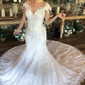Charming Long Sweetheart Mermaid Wedding Dress with Cap Sleeves and Lace