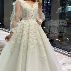 A-Line V-Neck Wedding Dress with Appliques Lace and Puffy Long Sleeves