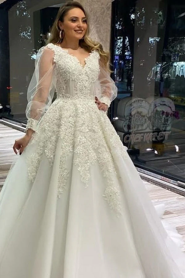 A-Line V-Neck Wedding Dress with Appliques Lace and Puffy Long Sleeves - Afbeelding 2