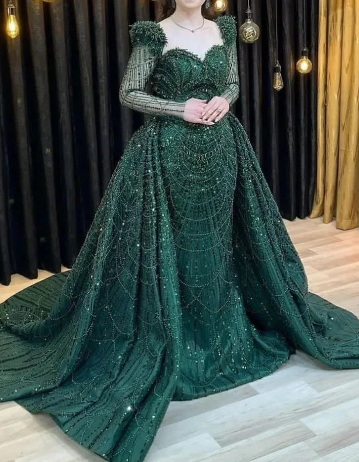 Elegant Glitter Green Mermaid Long Sleeve Prom Dress - Afbeelding 2
