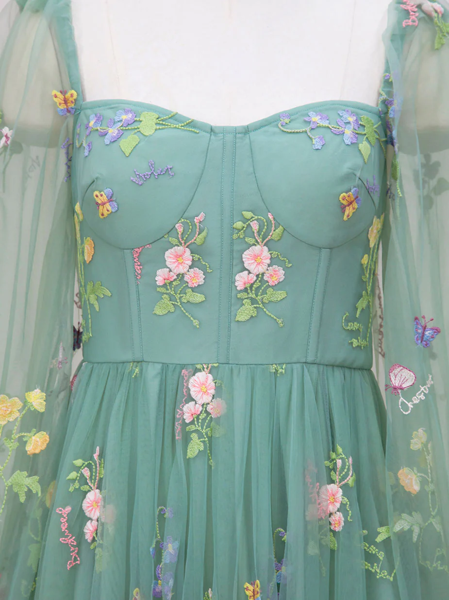 Boho groene kanten korset theelengte galajurk met lange mouwen - Afbeelding 4