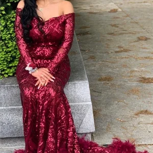 Burgundy Sequin Mermaid Prom Dress with Long Sleeves and Feathers