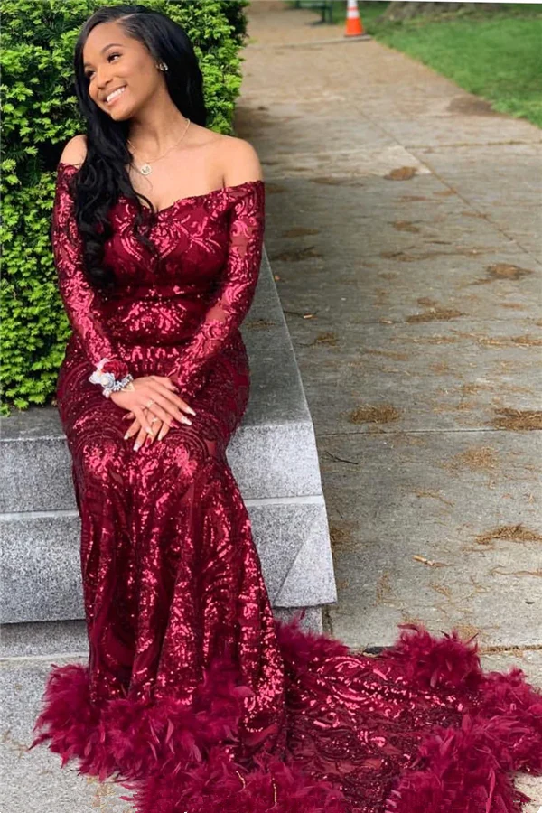 Burgundy Sequin Mermaid Prom Dress with Long Sleeves and Feathers - Afbeelding 2