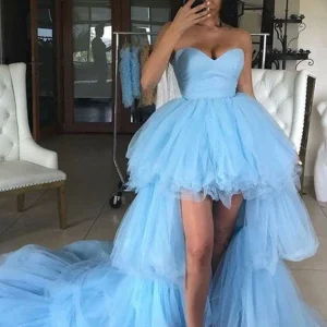 Elegant Blue Sweetheart Tulle Hi-Lo Prom Dress with Layered Skirt