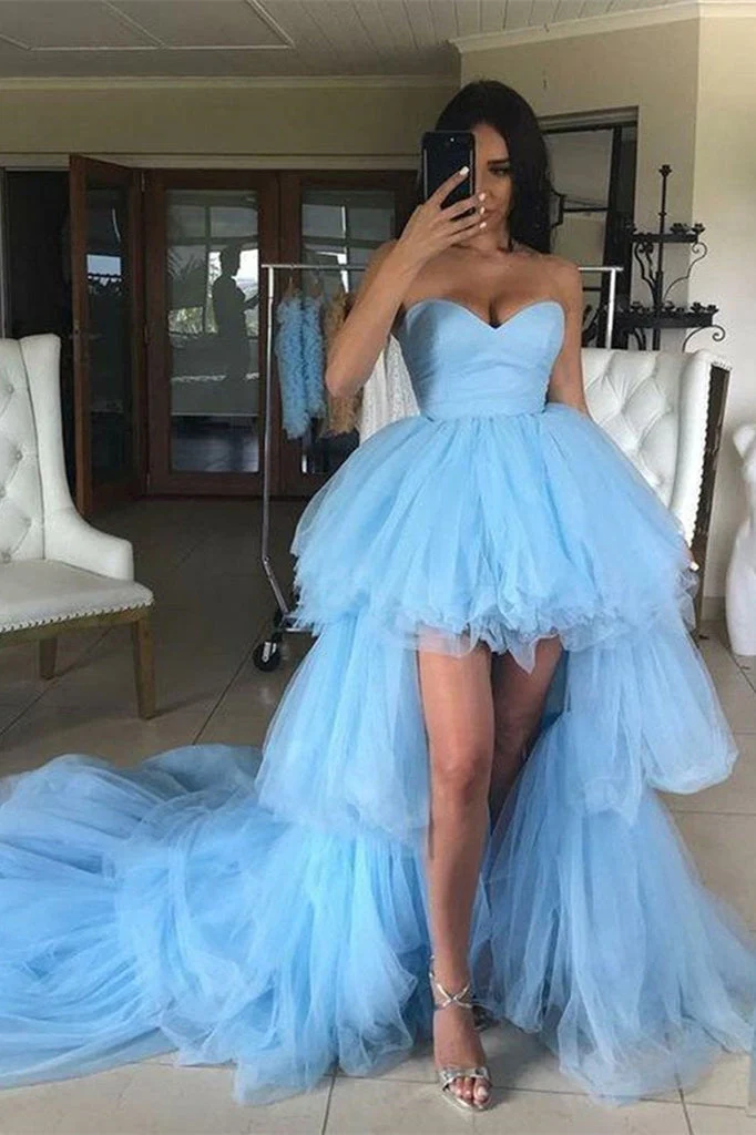 Elegant Blue Sweetheart Tulle Hi-Lo Prom Dress with Layered Skirt - Afbeelding 2