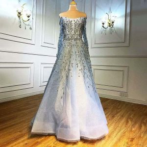 Elegant Sequin Appliques Prom Dress Long Sleeve V Neck A Line Stylish
