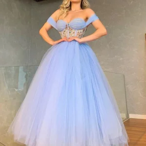 Sparkling Off-Shoulder Sweetheart Prom Dress with Crystal Bodice and Tulle Skirt