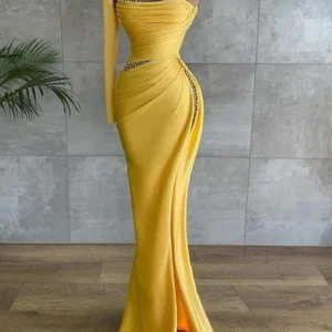 Stunning Yellow Asymmetrical Prom Dress with Beaded Embellishments and Unique One-Shoulder Design