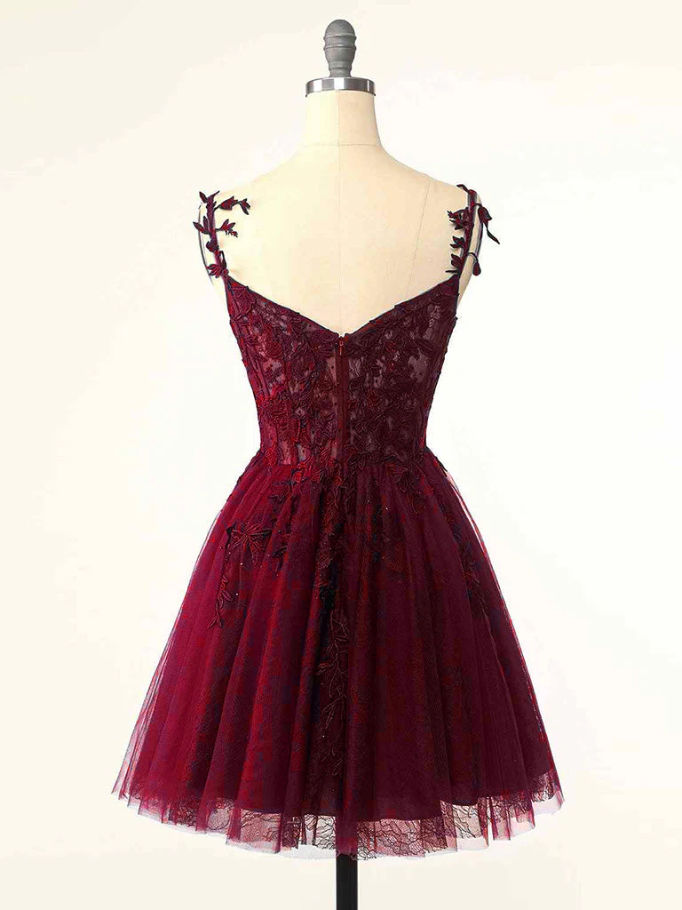 Spaghetti Strap Lace Sheer Top Burgundy Short Prom Dress Homecoming Dress - Afbeelding 3