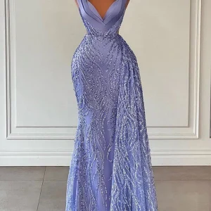 Stunning Violet V-Neck Mermaid Prom Dress with Exquisite Beadings and Shimmering Sequins