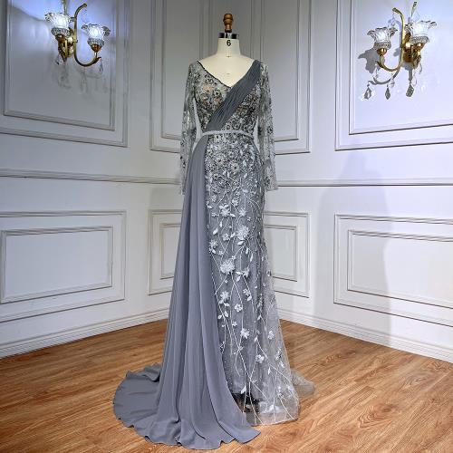 Pink Long Sleeve Chiffon Train Beaded Lace Evening Gown Dress - Afbeelding 3