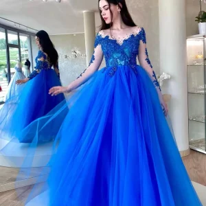 Amazing Royal Blue Long Sleeve Tulle Prom Dress Evening Gown