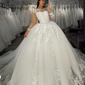 Sheer Tulle Ball Gown Wedding Dress with Long Sleeves Appliques