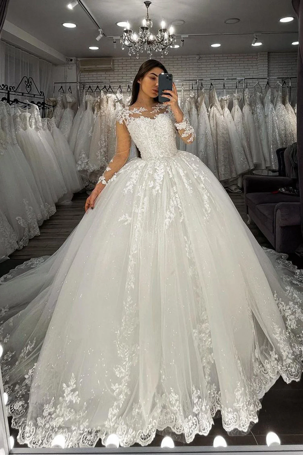 Sheer Tulle Ball Gown Wedding Dress with Long Sleeves Appliques