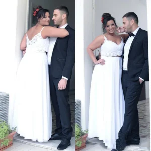 Betaalbare spaghettibandjes, crop-top, bruidsjurk met chiffon rok