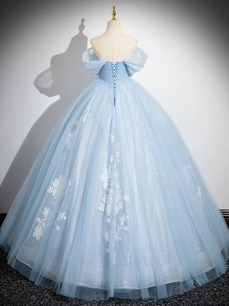 Beautiful Off Shoulder Blue Long Prom Dress Sweet 16 Tulle Lace - Afbeelding 3