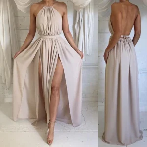 Beige backless chiffon zomerfeest galajurk