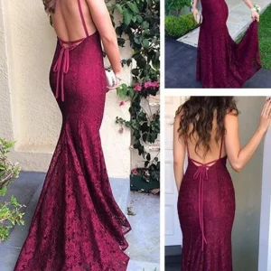 Newest Backless Sexy Lace Burgundy Mermaid Prom Dress | Long Formal Dress